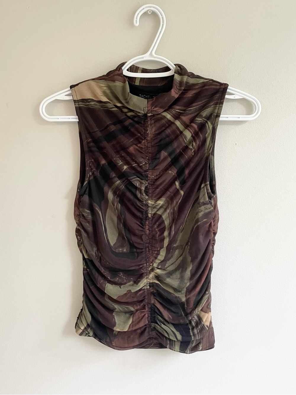RACHEL ZOE SLEEVELESS CAMO TOP SHEER LINED RUCHED GREEN BLACK BROWN TAN STRETCH